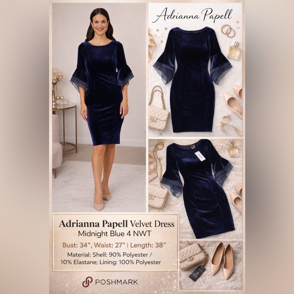 Adrianna Papell Midnight Blue Velvet Dress Size 4 NWT Elegant Cocktail Party